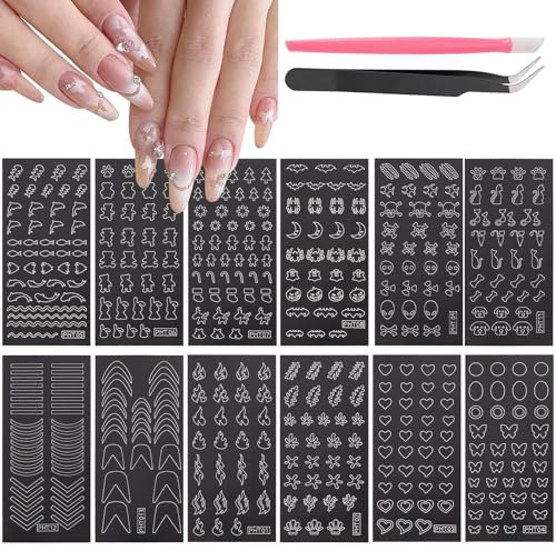 NICENEEDED 12 Feuille de Pochoirs Autocollants pour Ongles Aérographe pour Nail Art Guides Décalcomanies Fournitures pour Femmes