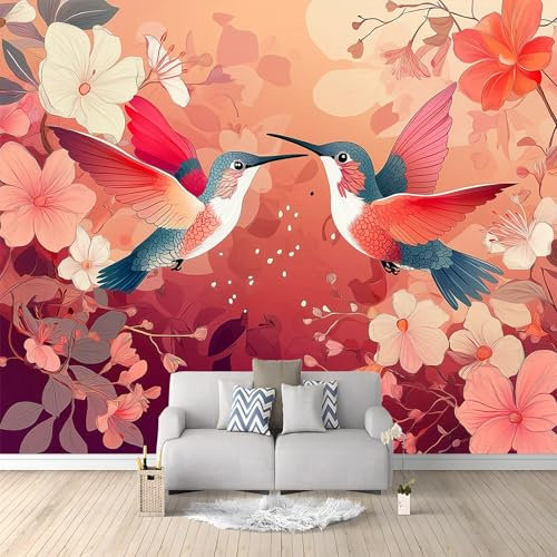 Carta Da Parati Soggiorno Modello Di Uccelli E Fiori 400x280 cm Murale Poster Grande Arte 3D, Carta Da Parati Fotomurale Decora per Camera Letto, Sala Pranzo, Cucina