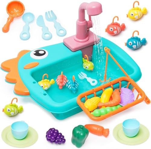 Fregadero de Juguete de Cocina con Agua Corriente, Juguetes de Pesca, Juguete de Cocina con Grifo Real, Pretenda el Juego de Roles Juguetes para niños, Regalo para Niñas y Niños,Verde