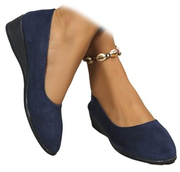 Zapatos de cuero ligeros para mujer, cómodos, con soporte de arco, de cuña, sin cordones, de tacón bajo, para el trabajo, bailarina, mocasines, Blue, 36 EU