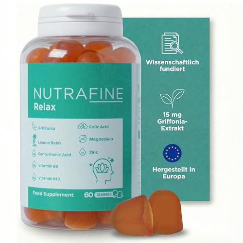 Nutrafine Relax Gummies – 5-HTP and Magnesium Gummies with Rhodiola & B Vitamins, Lemon Balm & Zinc – 60 Chews – Non-Sugar Formula – Food Supplement for Mood, Mind Balance & Daily Wellbeing