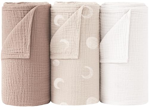 Muslin Swaddle Blankets 100% Cotton Baby Swaddle Cloths 96x100cm, 3 Pack Large Soft Muslin Blankets for Newborn Baby Boys Girls (Cream Moon)