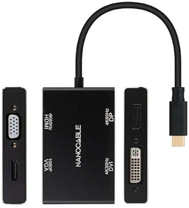 Convertisseur USB-C vers HDMI, DVI, DP et VGA, 10 cm, Noir, idéal pour connexions Multiples, Compact et Fonctionnel.
