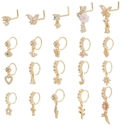 20 St Baumelnde Nasenringe für Frauen, 2 Arten Nasenring-Anhänger Glänzender Zirkon Modischer Piercingschmuck Personalisierter Nasenstecker in L-Form für Frauen Geburtstags Abschlussball Party