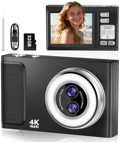 Digitalkamera, JDZ 4K Kamera Fotokamera 16X, Digitalkameras 1080P, Kompaktkamera mit 32 GB TF-Karte, Camera Digital, Foto Kamera für Kinder Teenager-Geburtstag, Weihnachten (Schwarz)