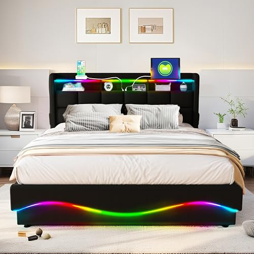 XMETPR All-in-One Förvaringssäng 140x200 cm med LED-belysning, USB/Type-C-laddstation, Hylla i gavel och Stort förvaringsutrymme under sängen, Läder, Svart