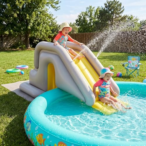 Tobogán Inflable para Piscina, tobogán para Piscina con Base Ancha rellenable con Agua, fácil instalación y Almacenamiento de PVC para Interiores y Exteriores para niños Adultos (Caqui, con Bomba d