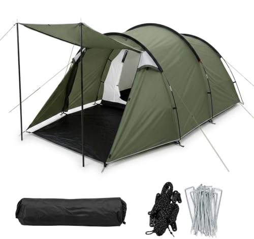 Relaxdays Tienda túnel 2-3 pers., 2 Compartimentos, Porche y toldo, Impermeable, 150x420x200 cm, Camping, Verde