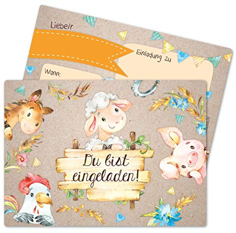 Papierdrachen 12 Einladungskarten zum Kindergeburtstag für Mädchen und Jungen - Motiv Farmtiere - Geburtstagseinladungen für deine Geburtstagsparty (DIN A6)