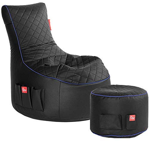 Gamewarez Arctic Hurricane 2.0 Bundle – Set aus Gaming-Hocker und Gaming-Sitzsack, mit Seitentasche & Headset-Halter, Kunstleder, Made in Germany, schwarz-blau