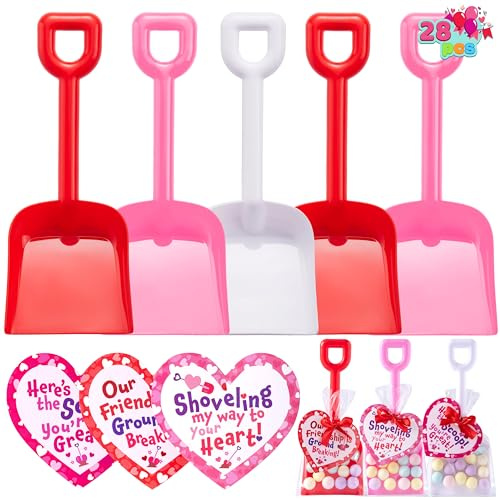 JOYIN 28 Plastic Toy Shovels in Pink Red and White for Valentines Day ,28 Cards with Ribbon for Kids Party Favor, Classroom Exchange Prizes, Valentine’s Gifts with Vibrant Color