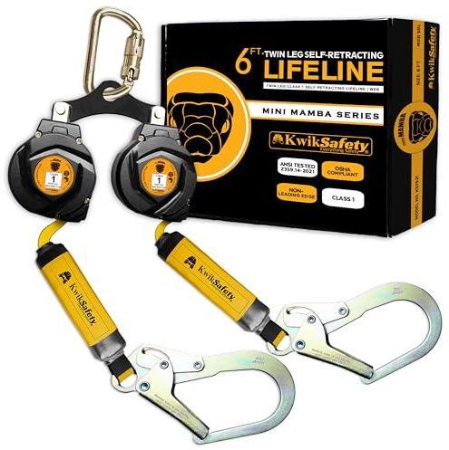 KwikSafety - 6' mini Mamba Twin-Leg Self Retracting Lifeline [NO Tangle Web] Class 1 Retractable Safety Lanyard SRL ANSI OSHA
