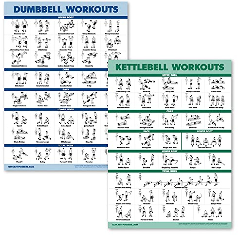 Palace Learning Hanteltraining und Kugelhantel-Übungsposter-Set – laminiertes 2-teiliges Diagramm-Set – Kurzhantelübungsroutine und Kugelglocken-Workouts [leicht] (laminiert, 45,7 x 61 cm)