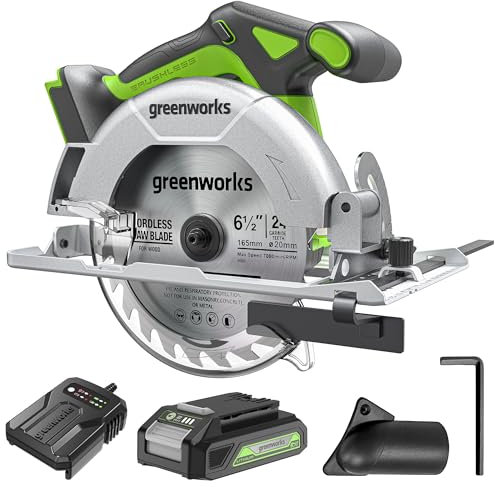 Seghe circolare a batteria Greenworks 24V, motore Brushless, lama Ø165 mm, profondità di taglio massima 57 mm, Con batteria da 2Ah e caricabatterie