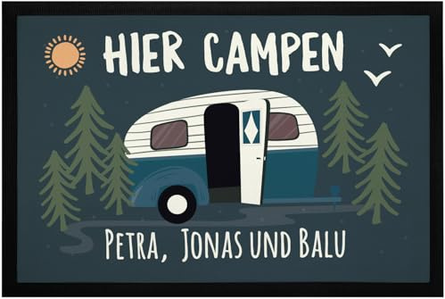 SpecialMe® Fußmatte Camping personalisiert Namen Familie Geschenke für Camper Wohnwagen rutschfest & waschbar Schwarz 60x40cm