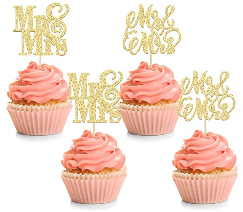 24Pcs Gold Glitter Mr & Mrs Cupcake Toppers Love Mr Mrs Bridal Shower Cupcake Picks Wedding Engagement Birthday Party Cake Decorations Supplies