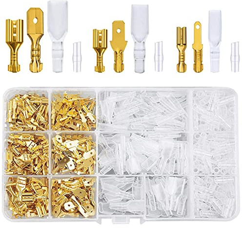 Flachsteckhülsen Set, 480 Stück 2,8 mm 4,8 mm 6,3 mm Flachstecker Männlich & Weiblich Steckverbinder Terminal mit Schutzhülle (Gold)