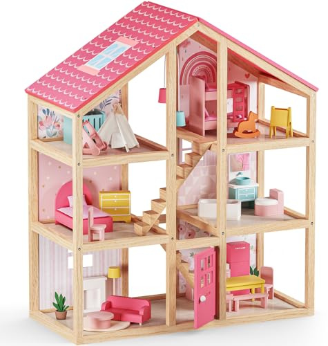 Tiny Land Wooden Dollhouse for Girls - 6 Rooms Wooden Doll House, DIY Pretend Doll House with 31Pcs Furniture Accessories, Creative Gift for Girl Ages 3+