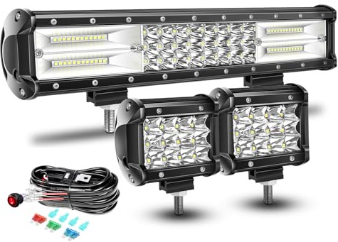 RIGIDON 15 Zoll 38 cm 216W Lightbar, 2x Led Scheinwerfer mit 12V Kabelbaum | Wasserdicht Led Arbeitsscheinwerfer Bar, 2x 10 cm 36W Offroad Zusatzscheinwerfer für 4x4 Auto Traktor KFZ SUV ATV LKW, Weiß