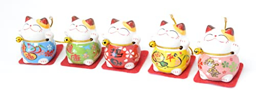 BETTER WITH FRIENDS 5 x Maneki-Neko. Gato Chino agitando la Mano. 5 cm estatuas coleccionables orientales clásicas. decoración del hogar asiático. Gato Chino de la Suerte