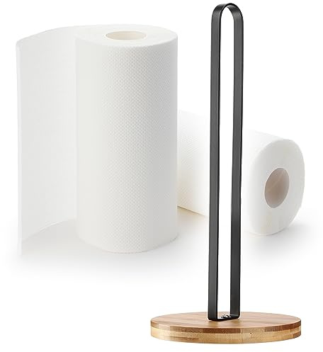 KADAX Portarotolo da cucina, 15 x 15 x 34 cm, porta asciugamani di carta, Ø 15 cm, supporto autoportante in metallo verniciato a polvere e tappetino in bambù, porta rotolo (nero)