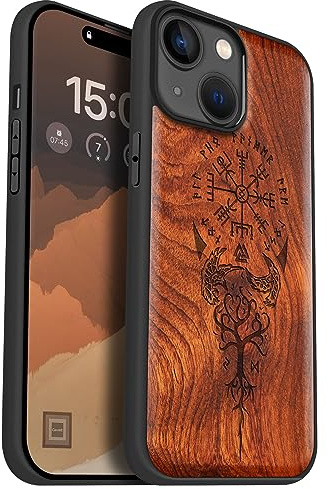 Carveit Holz Cover für iPhone 15 hülle, Kompatibel mit Magsafe Silikon Stoßfeste Cover, Magnetisch hull für Apple 15 Case（Rosig-Wikingerkompass Vegvisir）. | Handyhulle kompatibel MagSafe Massivholz für iPhone 15 Handyhülle Stoßstange Weich TPU Case