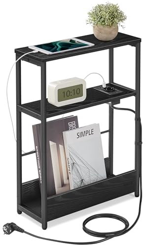 VASAGLE Mesa Auxiliar con Multienchufe, Mesita Estrecha con 3 Estantes, para Espacios Pequeños con Revistero, para Salón, Dormitorio, Estudio, Negro Ébano y Negro Tinta LET335B02