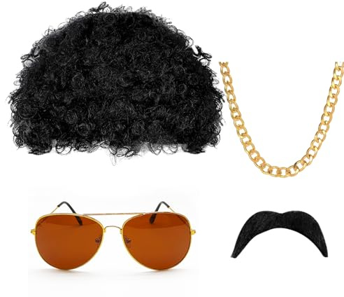 SKHAOVS 4 Stück Hippie Kostüm Set Damen Herren Afro Perücke Disco Hippie Kostüm Zubehör Set, Afro Perücke,70er 80er Jahre Outfit Perücke Herren Sonnenbrille Halskette Für Cosplay Halloween (4 Stück)