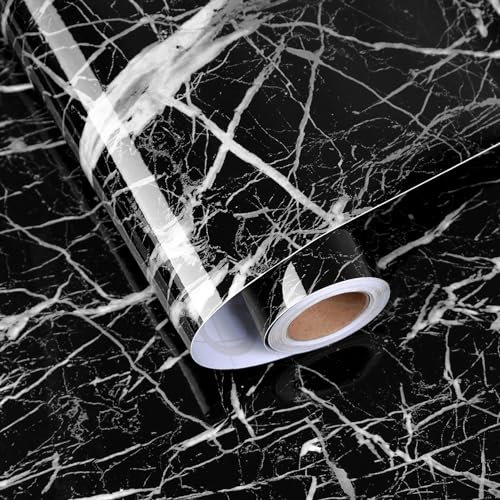 HotDecor Papier peint autocollant en vinyle effet marbre noir 40 x 200 cm lavable pour plan de travail de cuisine