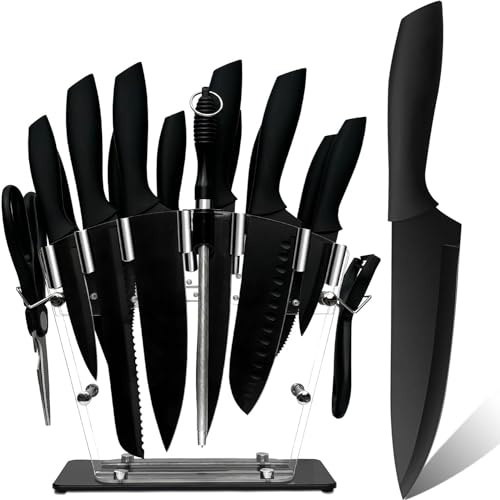 JINPIKER Messer block, 16-tlg Messer set, Professionelles Küchenmesser Set aus Edelstahl Mit Antihaftbeschichtung, Extra Scharf & Ergonomischen messerset, Messerhalter aus Acryl,Steakmesser Anspitzer