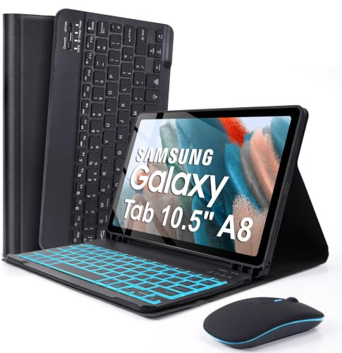 SOPPY Backlit Keyboard Case with Mouse for Samsung-Galaxy-Tab A8 10.5 inch 2022(SM-X200/X205/X207), Rechargeable - 7 Colors -Wireless Galaxy Tab A8 10.5 Slim Keyboard Case with S Pen Holder, Black