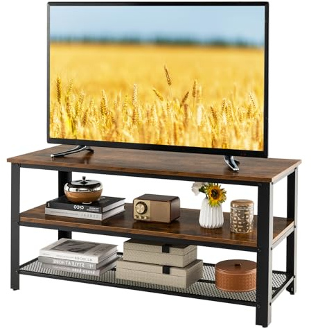 HOMASIS Meuble TV en bois, console pour télévision de 50 pouces, support TV industriel avec 3 étagères ouvertes, étagère avec cadre en métal, pour salon, chambre, 110 x 42 x 53 cm, marron