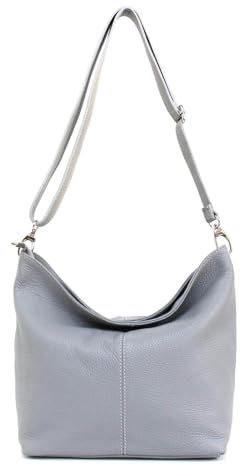 Made in Italy Damen Leder Tasche Umhängetasche Shopper Cross Over Body Bag Handtasche Ledertasche Schultertasche Hobo Bag Hellgrau