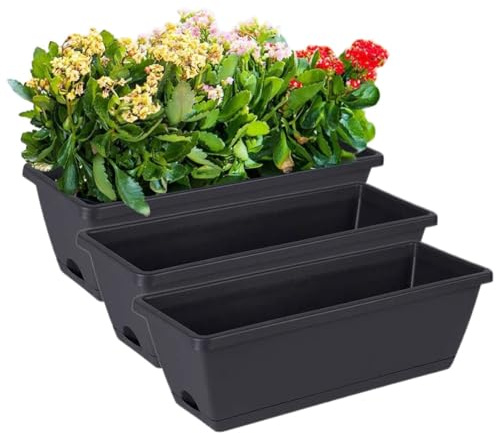 pdodo Blumenkasten 3er Set,Blumenkasten Balkon Rechteckig mit Untersetzer Perfekt,Pflanzkästen für Fensterbank,Balkon Pflanzkasten schmal Balkonkasten für Innenräume, Blumentöpfe und Kräuter
