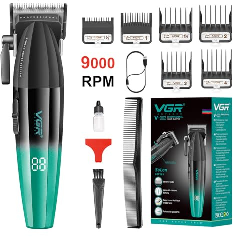 VGR 003 Fresh Fade Tondeuse Cheveux Hommes Professionnel, Boîtier Métallique et Moteur Puissant à 9000 TR/MIN, Tondeuse à Cheveux Sans Fil, Lames en Céramique, Affichage LED, Recharge USB, Vert