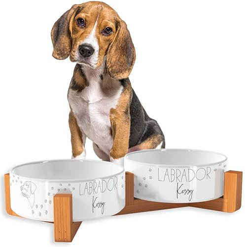 OWLBOOK® Futternapf Hund mit Wunschtext Fressnapf Hund Hundenapf Keramik mit Bambus Gestell Futterstation Keramik Futternapf Napf Wassernapf für Hunde | Labrador | Keramik, Bambus 300 ml