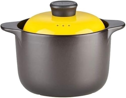 Vnook Olla For Cocinar De Cerámica Negra Redonda, Sopera, Cazuela China For Sopa, Arcilla O Barro con Doble Asa Y Tapa Amarilla, Utensilios De Cocina De Cerámica