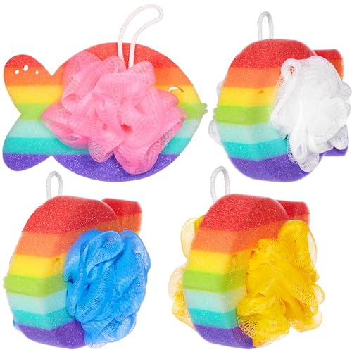 BRUBAKER Set de 4 Éponges de Bain et de Douche - Poisson Arc-en-ciel Éponge de Savon 25 g pour Enfants et Adultes - Éponge de Exfoliation Douce - Éponge de Lavage Multicolore incl. Boîte Cadeau