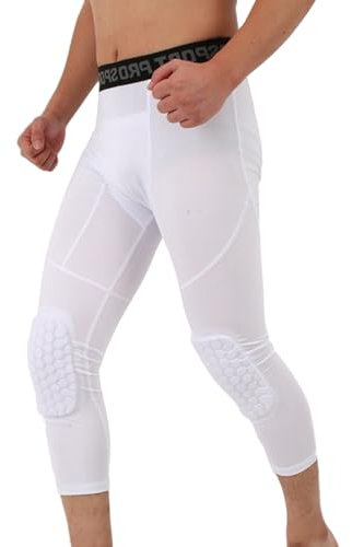 SHAIYOU Basketball Pants with Knee Pads 3/4 Compression Leggings, Cool Dry Wicking Athletic Base Layer Capri Tights Training Gym Workout Pants (White,L)