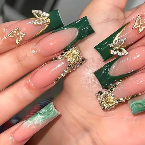 Kabwea Set of 24 Press On Nails with Watercolour Design and Golden Butterflies, Valentine Press On Nails Set, Valentine's Day Press On Nails
