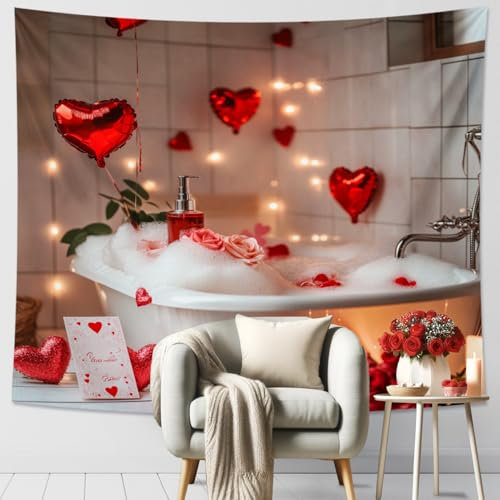 Romantischer Herz-Wandteppich, Rosen, Schaumbad, Wandbehang, Valentinstag, ästhetisch für Schlafzimmer, Wohnzimmer, Entspannungsdekoration, 203 x 152 cm