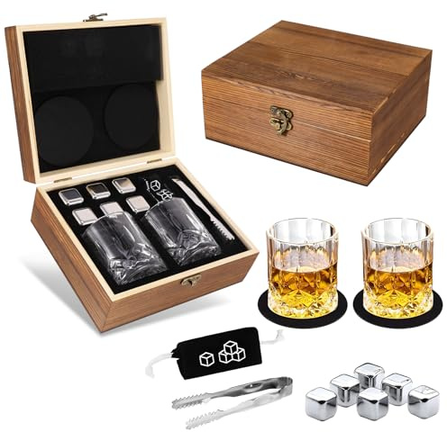 Viitech Whiskey Glass Gift Set, Whisky Stones and Glass Gift, Whisky Gift Set Include 6 Reusable Whisky Stones, 2 Glasses, 1 Wooden Box and 1 Clip for for Men Dad Husband Birthdays Whiskey Lovers