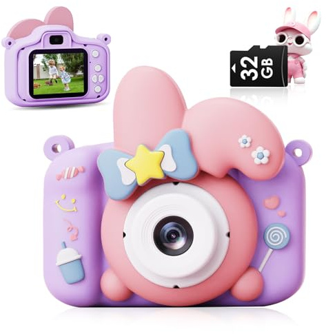 Macchina Fotografica Bambini, 3-12 Anni, Ragazze, Regalo di Natale, Videocamera Digitale per Selfie 1080P HD, Fotocamera Portatile da 2,0 Pollici Coniglietto con Scheda (Argento Rosato) (Viola)