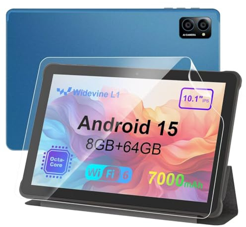 10 inch Android Tablet: Octa-Core, 7000mAh, with Stand Case, IPS HD Display, Wi-Fi 6, OTG, Metal Body – Fast & Portable Tablet for Work & Entertainment, 2-Year Protection, 8GB RAM 64GB, Android 15