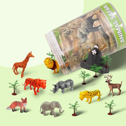 FUNFY Wildtier-Safari- und Wald-Spielset mit Box | Mehrfarbig | Sortiment aus 10 Miniatur-Tierfiguren mit 18 Wald-Bäumen und Felsen | Fördert fantasievolles Spielen | Für Kinder