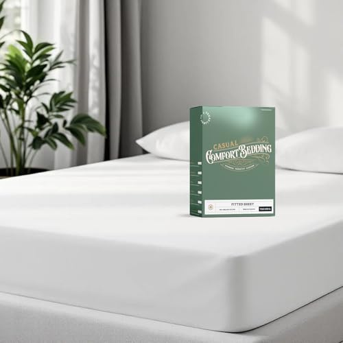 TEXAS LINEN CO. 100% Organic Cotton Percale Weave Fitted Sheet Queen Size, White, 1 Deep Pocket Queen Fitted Sheet, Fits Mattress Upto 16 Crisp and Cool Bed Linen, Luxury GOTS Certified Sheets
