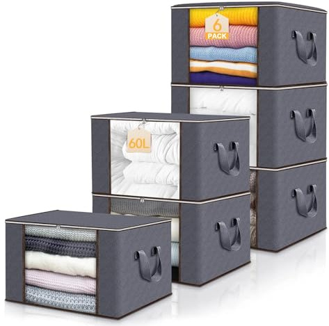 Zikenis Lot de 6 Sac Rangement Vetement, 60L Caisse Boite Rangement Déménagement Pliable, avec Poignée Renforcée, Non-Tissé Sac de Rangement Sous Lit, pour Couvertures Jouets Vêtements, Gris