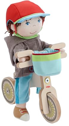 HABA Lian Balance Bike Set - Wooden Balance Bike with Lian Doll, Bicycle Helmet and Bicycle Basket - Bicycle with Double Wheel for Secure Stand - 2011905001