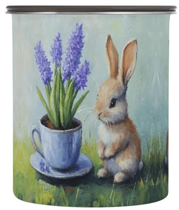 Quteprint Stainless Steel Coffee Storage Containers with Airtight Lid, Easter Bunny Hyacinth Flower Art 17oz Food Storage Container Kitchen Canister for Tea, Coffee Beans, Ground, Sugar Storage
