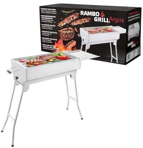 BEM Rambo Argos Holzkohlegrill aus Edelstahl, Mangal, BBQ Klappgrill | hochwertiger Holzkohlegrill für Picknick, Camping, mit Kohlebehälter und komfortablen Griffen